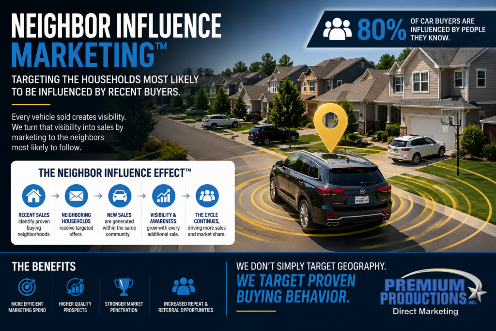 Neighbor Influence Marketing strategy visual demonstrating how dealerships target households near recent vehicle buyers to generate additional sales opportunities.